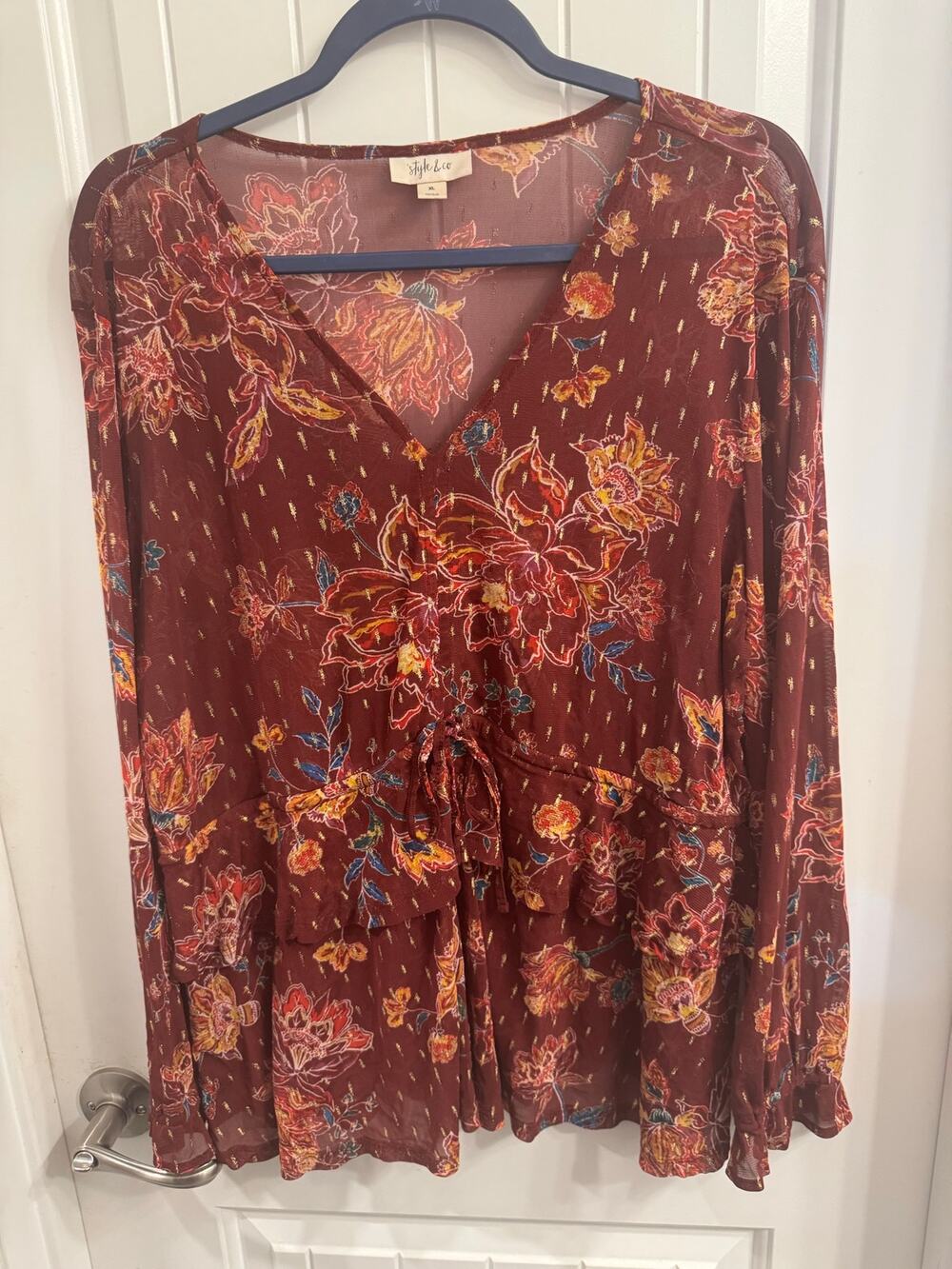 Style & Co XL Maroon/Gold Floral Long Sleeve Top